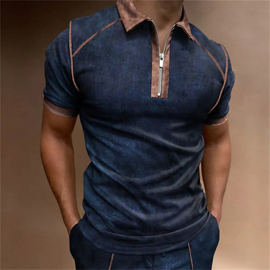 Summer New Men Polo Shirt Short Sleeve Color Matching Zipper T-Shirt Top