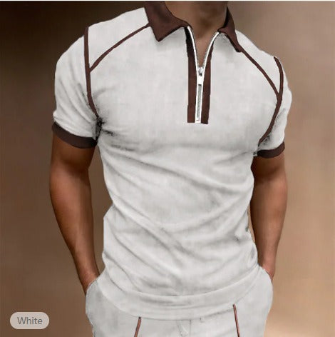 Summer New Men Polo Shirt Short Sleeve Color Matching Zipper T-Shirt Top