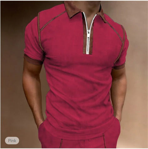 Summer New Men Polo Shirt Short Sleeve Color Matching Zipper T-Shirt Top