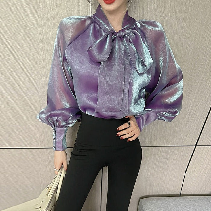 Pearlescent Chiffon Shirt Design Sense Mesh Ribbon Shirt